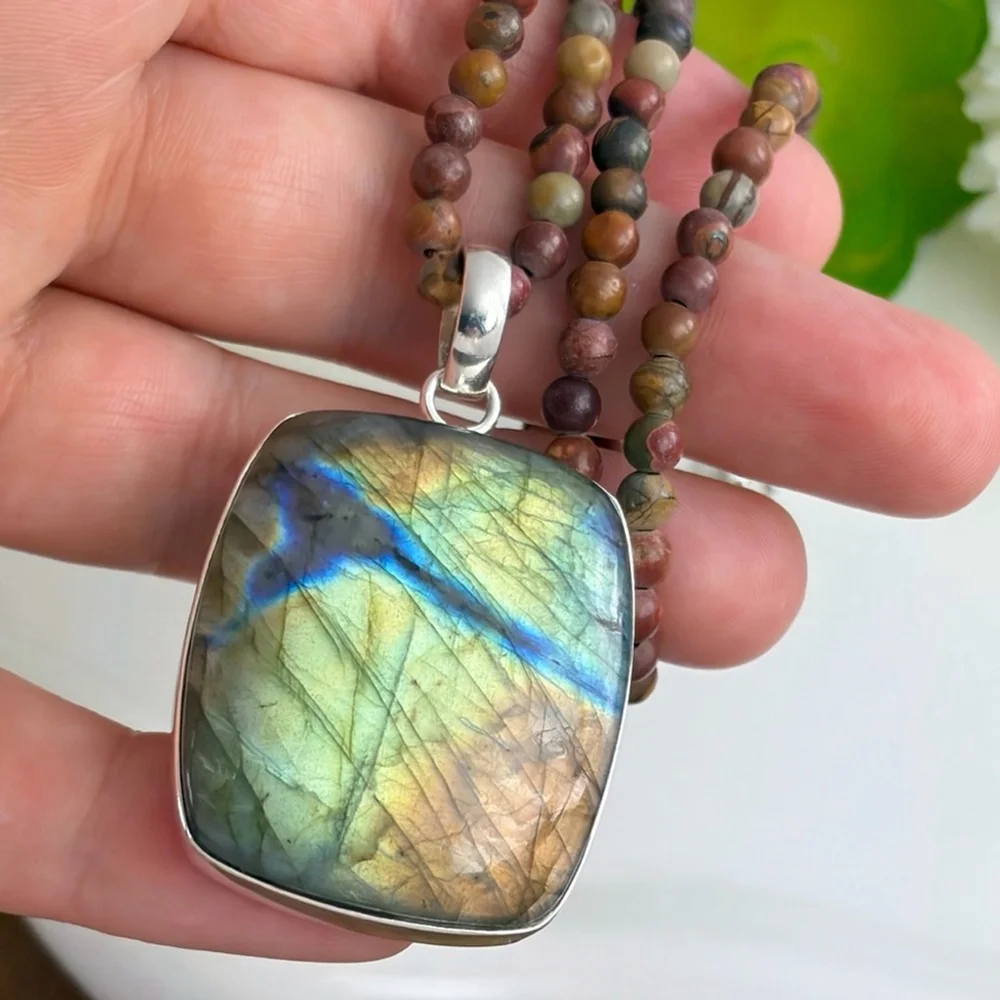 Southwest Pure Sterling Silver 925 Flash Labradorite Pendant Jasper Necklace